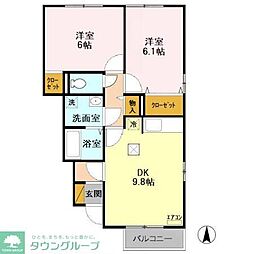 ラプランタンB 1階2DKの間取り