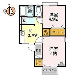 JR徳島線 蔵本駅 徒歩13分の賃貸アパート 1階2DKの間取り