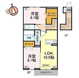 JR高徳線 吉成駅 徒歩28分の賃貸アパート 2階2LDKの間取り