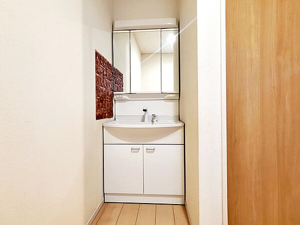 【洗面台】 洗面台の三面鏡の裏には収納があるので、見られたくないものの収納に便利