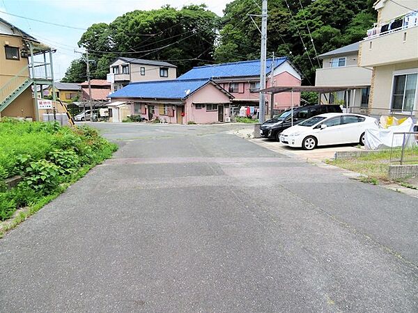 前面道路南西側公道。交通量の少ない静かな住環境です