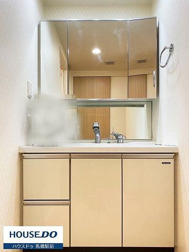 洗面台には三面鏡を採用。身だしなみを整えやすい事はもちろんですが、鏡の後ろに収納スペースを設ける事により、散らかりやすい洗面スペースをすっきりさせる事が出来ます！