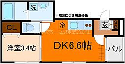 ハーモニーテラス花園伊町 2階1DKの間取り