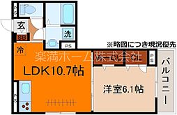 GRAMM御陵荒木A 2階1LDKの間取り