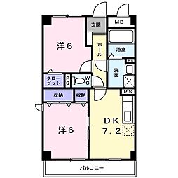 クリスタルガーデンI 2階2DKの間取り