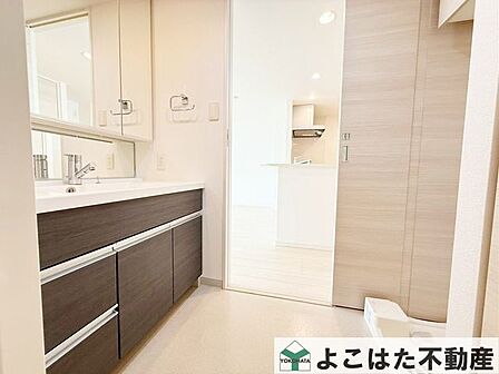 大きな三面鏡がついた洗面カウンターには、鏡の裏側にも収納スペースがありとても便利。シングルレバー混合栓にはシャワーの切り替えもあり、朝の身支度に大活躍です。