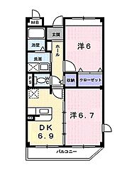 ベルフリ−デ 3階2DKの間取り