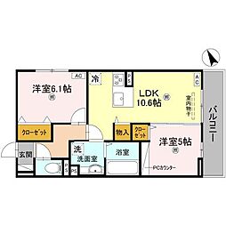 JR草津線 手原駅 徒歩23分の賃貸アパート 3階2LDKの間取り