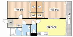 JR草津線 草津駅 徒歩29分の賃貸マンション 4階2DKの間取り