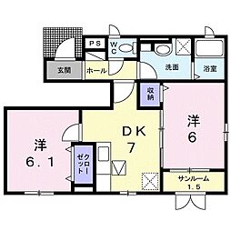 ヴァンベール・渡岸寺 1階2DKの間取り