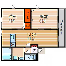 サンハイツ高宮 2LDKの間取図画像