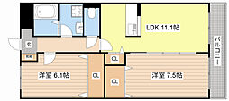 ブレイン長浜I 3階2LDKの間取り