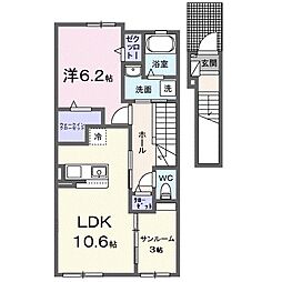ウィズ・テール南彦根1号館 2階1LDKの間取り