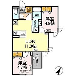 セレスティア扇III 2階2LDKの間取り