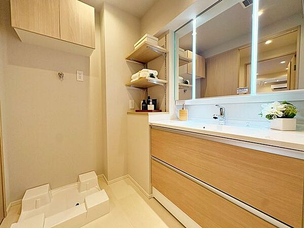 新品の洗面化粧台で清潔・快適。鏡裏収納で洗面まわりすっきり