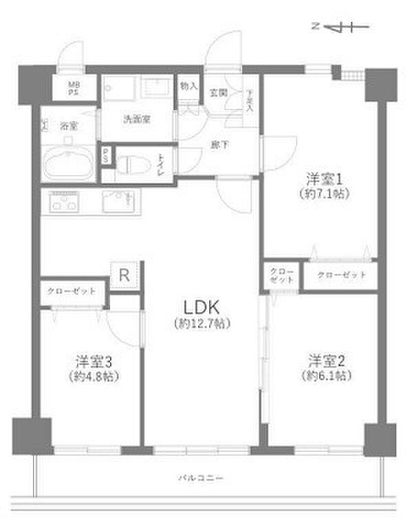 専有面積65.57平米、バルコニー面積9.48平米、ゆとりある3LDK