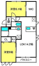 メルヴェーユイイダ芝原 2階2LDKの間取り