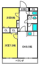 ソレアード 1階2DKの間取り