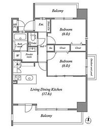 茶屋ヶ坂ライズ 8階2LDKの間取り