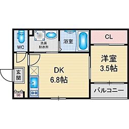 ハーモニーテラス新守町 2階1DKの間取り
