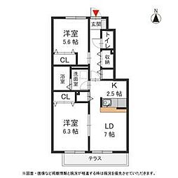 クレール杉村 1階2LDKの間取り