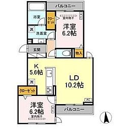 ヴィラパルム 201 2階2LDKの間取り