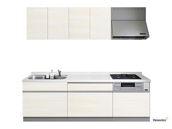 【同仕様写真】キッチンはハウステック製の新品に交換します。引出には一升瓶や寸胴鍋など背の高いものも収納できます。天板は熱や傷にも強い人工大理石仕様なので、毎日のお手入れが簡単です。
