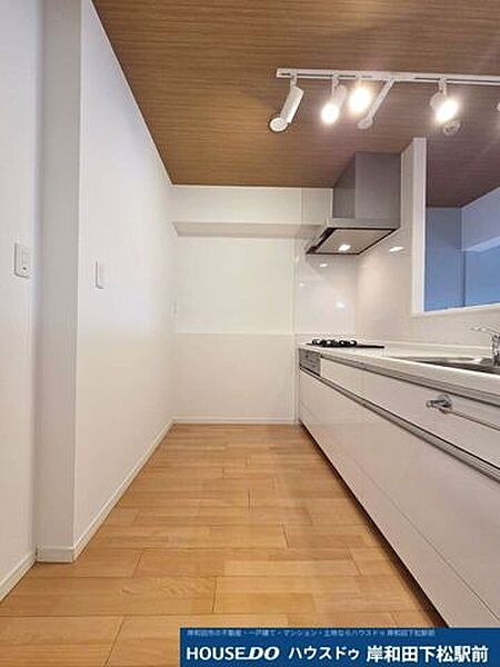 木目調の天井とスタイリッシュな照明が温もりとセンスを感じさせるキッチン空間です！すっきりとしたデザインのシステムキッチンで、毎日の調理が快適に楽しめます。十分なスペースがあり動線もスムーズです！