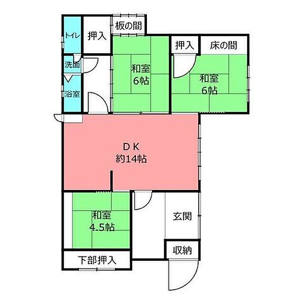 約14帖の広々としたDKに複数の和室が配置された、ゆとりある間取り図です。各居室や押入れなどの収納スペースも充実しており、ご家族皆が快適にのびのびと暮らせる住まいです！