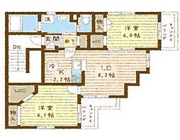 ヴァンベール KD 4階2LDKの間取り