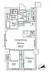 アジールコート山手動坂 7階2LDKの間取り