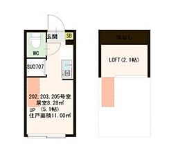 西武池袋線 桜台駅 徒歩8分の賃貸アパート 2階ワンルームの間取り