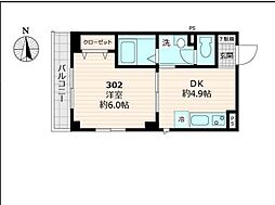 日暮里舎人ライナー 熊野前駅 徒歩5分の賃貸マンション 3階1DKの間取り
