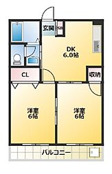 JR山手線 田端駅 徒歩10分の賃貸マンション 2階2DKの間取り