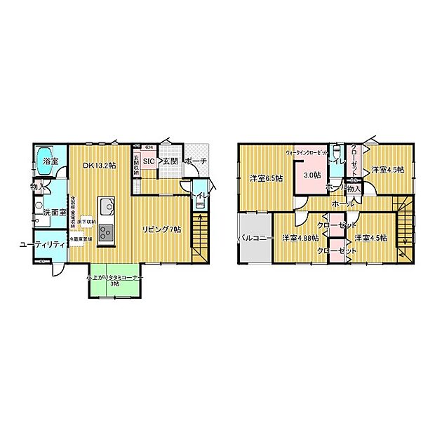 ご家族様が多いご家庭におすすめの4LDKの間取りです。建物面積は35.12坪と、広々とした室内空間になっております。約20帖のゆったりとしたLDK。ご家族様の個室それぞれに収納スペースもありますよ。