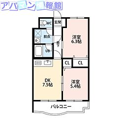 パークハイツ南出来島 2DKの間取図画像