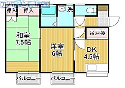 レジデンスナカジマA 2DKの間取図画像