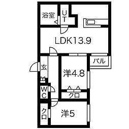 Peche山鼻 C 2階2LDKの間取り