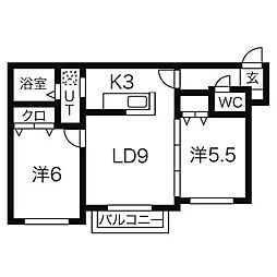 リバージュL38 4階2LDKの間取り