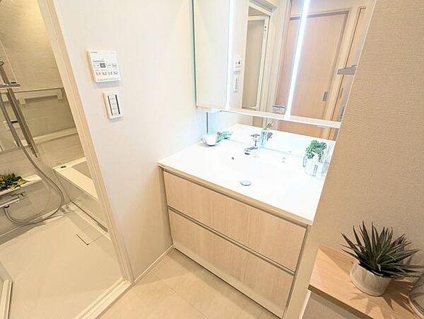 身だしなみをさまざまな角度から確認しやすい三面鏡付き。鏡裏の収納も便利です。