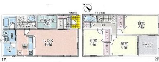 1階　LDK約18帖/和室約3帖/ランドリールーム/洗面/浴室/トイレ2階　寝室約8帖/洋室約6帖/洋室約6帖/バルコニー