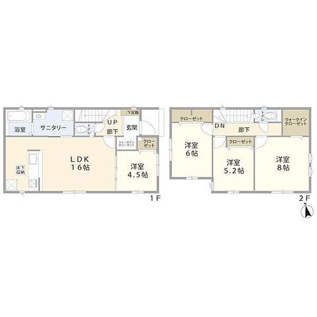 1F:LDK約16帖/洋室約4.5帖/洗面所/浴室/トイレ/SIC2F:洋室約5.2帖/洋室約6帖/洋室8帖/トイレ/WIC