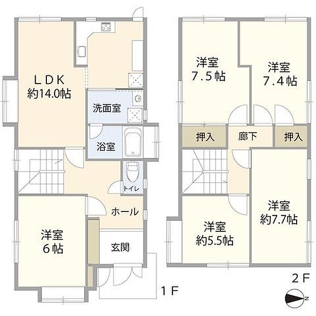 1F:LDK約14帖/洋室約6帖/洗面/浴室/トイレ2F:洋室約7.7帖/洋室約7.5帖/洋室約7.4帖/洋室約5.5帖