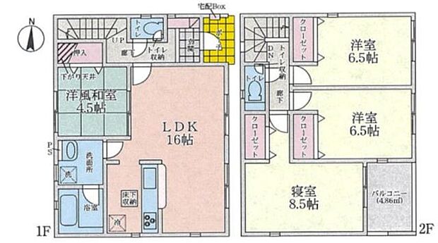 1階　LDK約16帖/和室4.5帖/洗面/浴室/トイレ2階　寝室約8.5帖/洋室約6.5帖/洋室約6.5帖