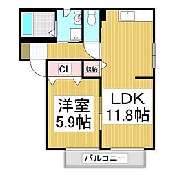 エスポワール　ミゾグチ　A 2階1LDKの間取り