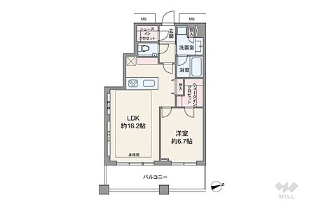 間取りは専有面積54.94平米の1LDK。LDK約16.2帖のプラン。バルコニー面積は11.08平米です。
