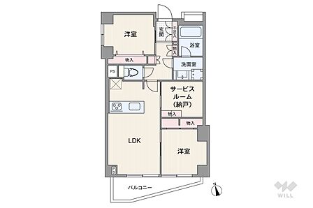 間取りは専有面積60.89平米の2SLDK。全居室洋室仕様・縦長リビングのプラン。バルコニー面積は6.85平米です。