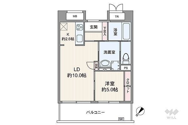 間取りは専有面積48.77平米の1LDK。バルコニー面積は13.00平米です。