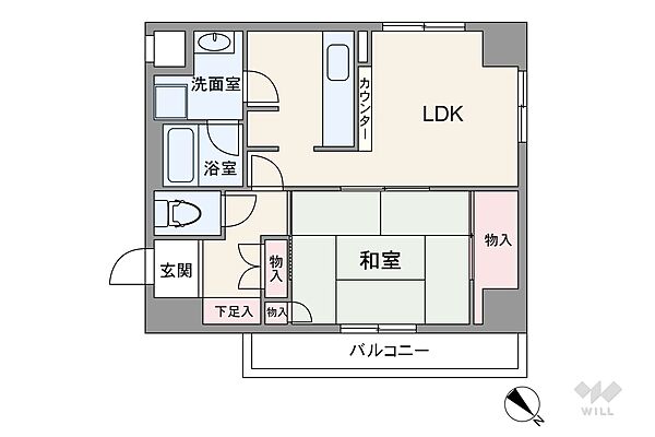 間取りは専有面積45.14平米の1LDK。バルコニー面積は5.4平米です。