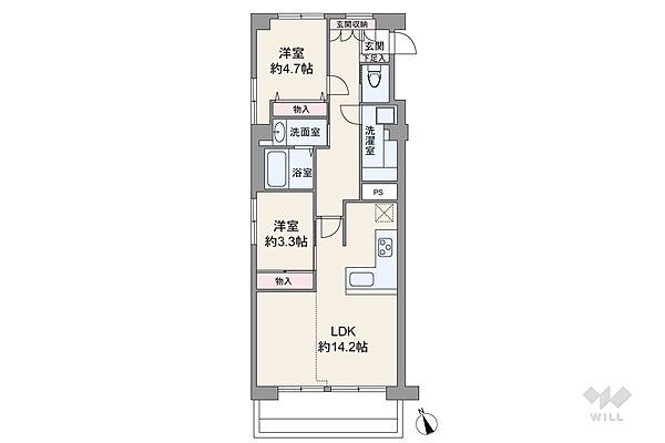 間取りは専有面積58.11平米の2LDK。専用庭付き、横長リビングのプラン。複数方向に採光部があり、バルコニー面積は6.66平米です。